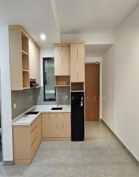 Kitchen features: light wood cabinetry, white countertop, stainless-steel sink, chrome pull-down faucet, built-in stove, black refrigerator, grey tile backsplash, ceramic tile flooring, recessed downlights, window for natural light; style: modern.