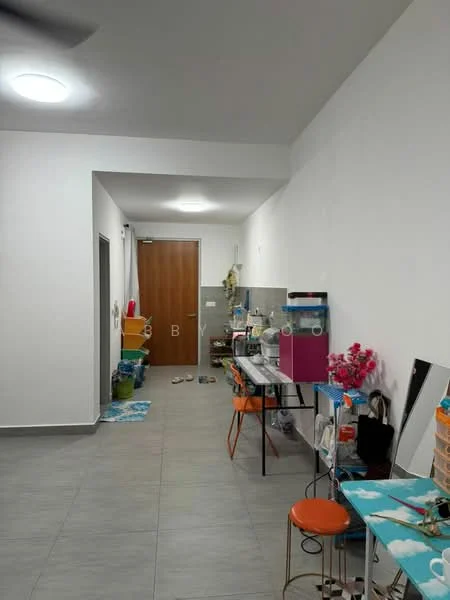 Room features: white painted walls, grey tiled flooring, recessed ceiling lights, table with chairs, storage boxes, mirror, door leading to another room, kitchenette area, decorative items, sliding door, open space layout; style: modern.
