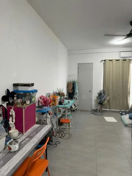 Room features: white painted walls, grey tile flooring, ceiling fan, dining table with chairs, decorative items on table, curtains, door, clothing rack, floor fan.
