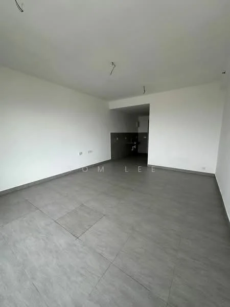 Room features: grey tiled flooring, white painted walls, recessed ceiling lights, open layout, kitchen area visible in background; style: modern.