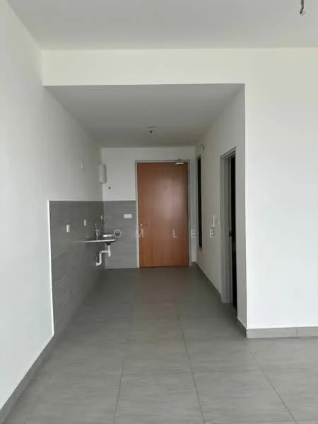 Room features: grey tiled flooring, white painted walls, single wooden door, metal handrail, wall-mounted sink, light fixture on ceiling, door frame, window frame; style: modern.