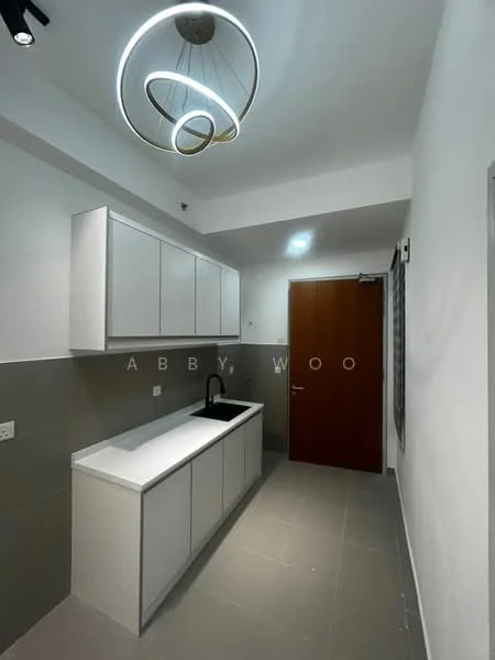 Kitchen features: white cabinetry with flat-panel doors, single-bowl stainless-steel sink, black gooseneck faucet, grey tiled backsplash, grey floor tiles, recessed ceiling lights, modern pendant light fixture, door leading to outside, window with blinds; style: modern.