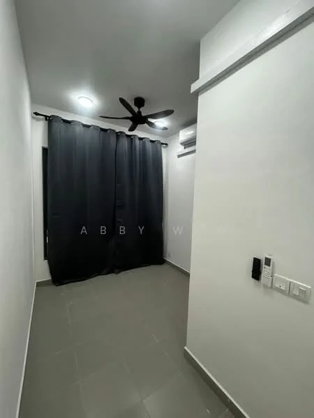 Room features: white painted walls, grey tiled flooring, 5-blade ceiling fan, black curtains, wall-mounted air conditioning unit, light fixtures in ceiling, electrical outlets, intercom panel; style: modern.