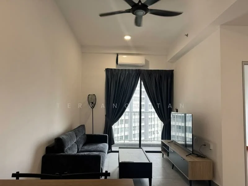 Living features: 3-seater fabric sofa in black, coffee table, wall-mounted TV, TV console, floor-to-ceiling windows, blackout curtains, ceiling fan, recessed downlights, light-colored walls, tile flooring, air conditioning unit; style: modern; view: city.