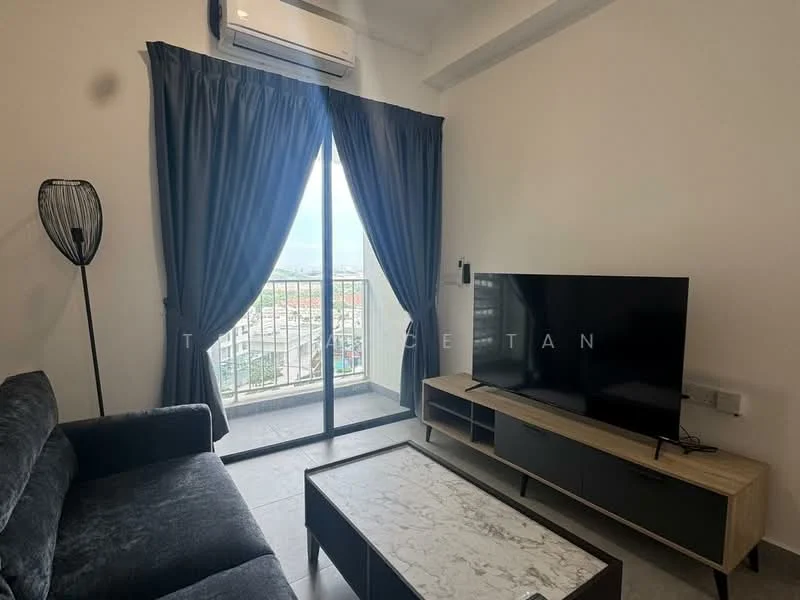 Living features: 3-seater fabric sofa in dark grey, coffee table with marble top, wall-mounted TV, TV console in light wood, floor-to-ceiling sliding glass door, blackout curtains, 1 wall-mounted split AC, light grey tiled flooring, decorative floor lamp; style: modern; view: city.