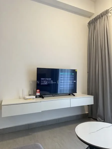 Living features: white painted walls, grey flooring, wall-mounted TV, white media console, round coffee table, floor-to-ceiling curtains, light grey curtains, decorative items on console; style: modern.