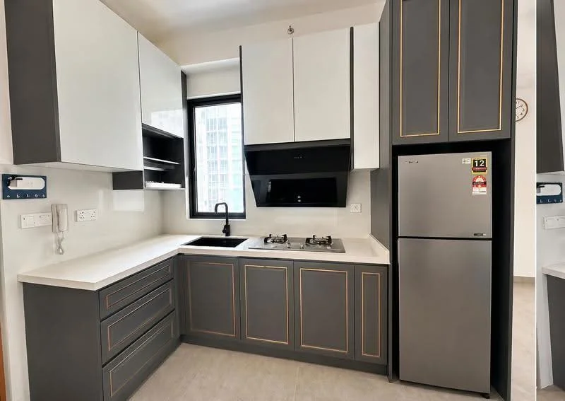Kitchen features: grey cabinetry with gold trim, white upper cabinets, black countertop, single-bowl stainless-steel sink, chrome pull-down faucet, built-in black oven, 2-burner gas hob, stainless-steel fridge, window with city view, light-colored flooring, wall-mounted shelves; style: modern; view: city.
