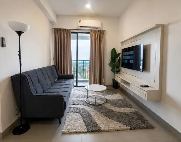 Living features: grey fabric 3-seater sofa, round coffee table with white top, area rug with geometric pattern, wall-mounted TV, TV console with drawers, floor-to-ceiling windows, curtains, indoor plant, wall-mounted air conditioning unit, light floor tiles; style: modern; view: city.