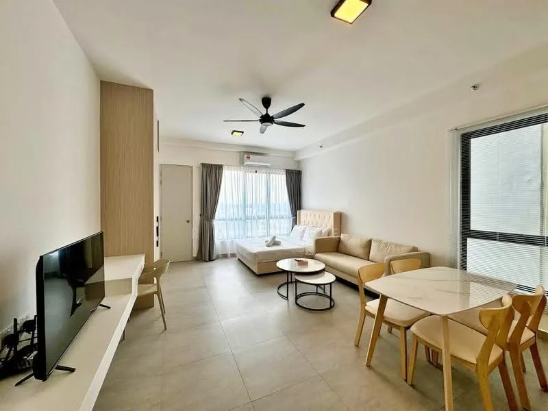 Living features: light grey tiled flooring, white painted walls, 5-blade ceiling fan with light, sofa in beige fabric, coffee table with round top, TV console with wall-mounted TV, dining table with marble top, 4 wooden dining chairs, floor-to-ceiling windows with sheer curtains, natural light from windows; style: modern; view: city.