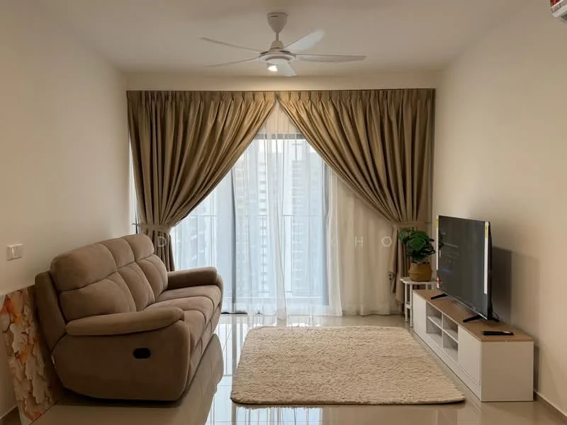 Living features: 3-seater fabric sofa in beige, area rug with solid pattern, wall-mounted TV, TV console with storage, floor-to-ceiling windows, sheer curtains, drapes in light brown, ceiling fan with light, glossy tile flooring, neutral painted walls; style: modern; view: city.