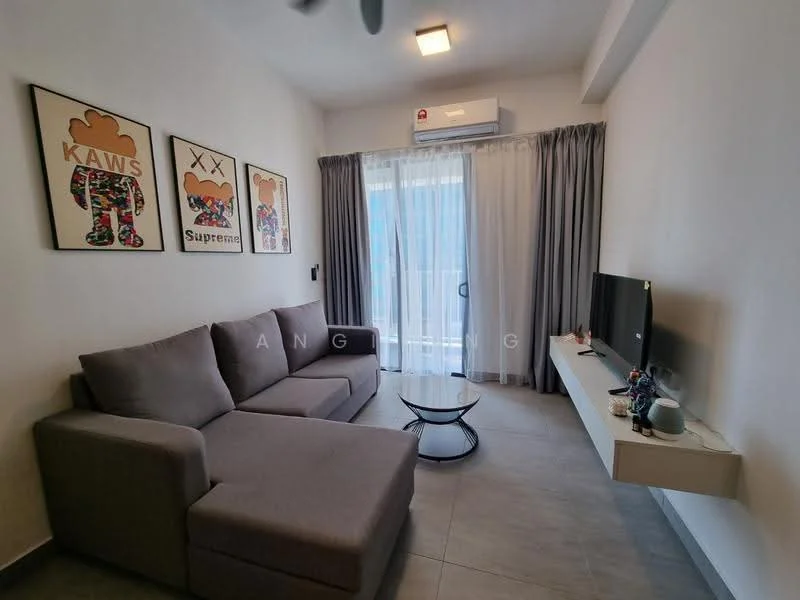 Living features: L-shape sectional sofa in grey, coffee table, wall-mounted TV, TV console, 5-blade ceiling fan, floor-to-ceiling windows, curtains, decorative wall art, light grey tile flooring, air conditioning unit; style: modern.