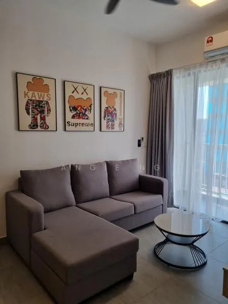 Living features: L-shape sectional sofa in grey, round coffee table with black metal base, framed artwork on walls, floor-to-ceiling sliding glass door, sheer curtains, wall-mounted air conditioning unit, light grey tiled flooring, recessed ceiling lights; style: modern; view: city.