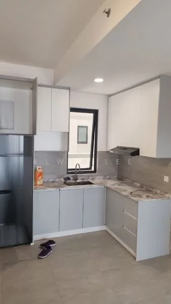 Kitchen features: grey cabinetry, white upper cabinets, marble countertop, single-bowl stainless-steel sink, chrome pull-down faucet, built-in oven, stainless-steel fridge, ceramic tile flooring, recessed downlights, window with view, kitchen island, open shelving; style: modern.