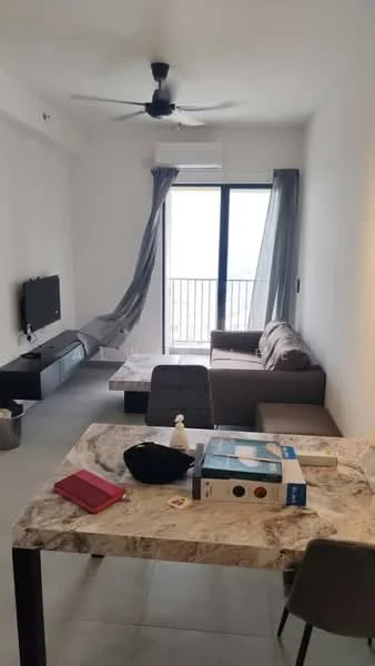 Living features: 3-seater fabric sofa in grey, coffee table with marble top, TV console, wall-mounted TV, floor-to-ceiling windows, sliding glass door, curtains, ceiling fan, light-colored tiled flooring, decorative bowl on table, remote control on table, waste bin; style: modern; view: city.