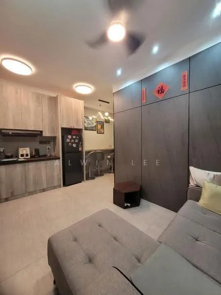 Living features: grey fabric sofa, coffee table, wall-mounted TV, recessed ceiling lights, ceiling fan, wood panel accent wall, kitchenette with cabinets, black refrigerator, white tiled flooring, decorative wall art, Chinese character decoration; style: modern.
