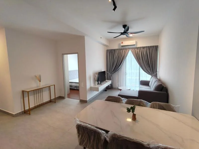 Living features: grey fabric sofa, wall-mounted TV, coffee table, 5-blade ceiling fan with light, floor-to-ceiling windows, curtains, light-colored walls, tile flooring; style: modern. Dining features: marble dining table, upholstered dining chairs, decorative plant on table; style: modern. Room features: doorway leading to another room, wooden flooring visible in adjacent room.