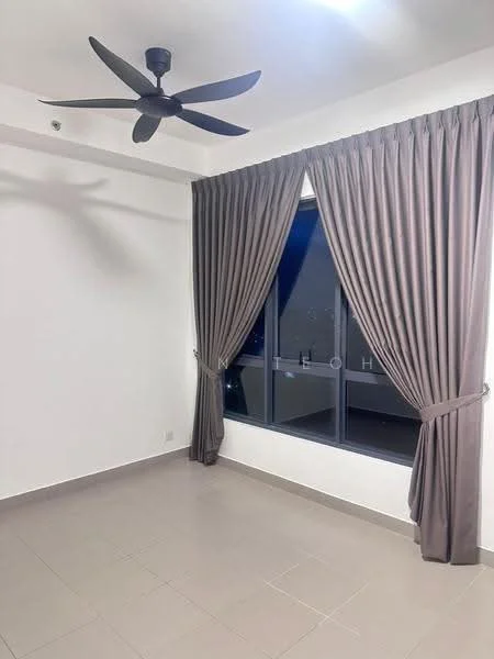 Room features: white painted walls, grey floor tiles, 5-blade ceiling fan, floor-to-ceiling window, dark grey curtains, window with city view, neutral decor, no visible furniture; style: modern; view: city.