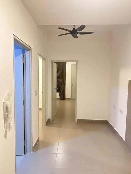 Room features: white painted walls, tile flooring, ceiling fan, doorway to adjacent rooms, light switch, intercom panel, curtains, neutral color scheme; style: modern.
