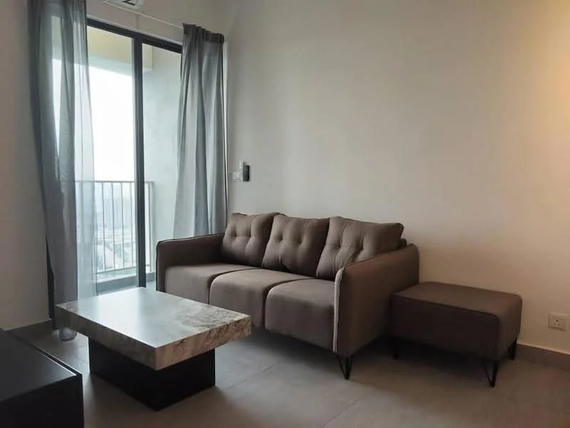 Living features: 3-seater fabric sofa in beige, marble coffee table, side table, floor-to-ceiling windows, sheer curtains, grey wall, tile flooring, balcony access; style: modern; view: city.