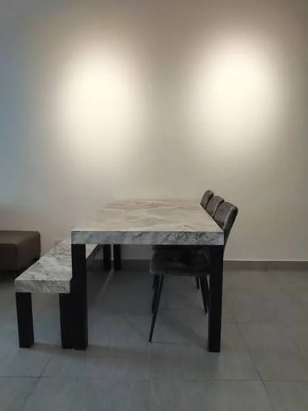 Dining features: marble dining table, 4 dining chairs, bench seating, grey tiled flooring, plain white walls, recessed lighting, minimalist design; style: modern.
