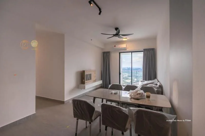 Living features: floor-to-ceiling windows, grey walls, recessed downlights, 5-blade ceiling fan, dining table with chairs, TV console, wall-mounted TV, light-colored flooring, curtains, decorative wall panel, open layout, city view; style: modern; view: city.