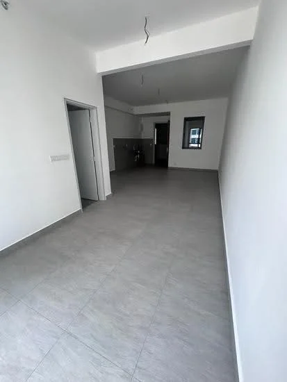 Room features: white painted walls, grey tile flooring, recessed downlights, doorway leading to another room, window with no visible treatment, open layout, high ceiling, no visible furniture or decor; style: modern.