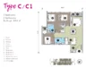 Floor plan: 3-bedroom 2-bathroom unit; features: open-plan kitchen-dining-living, master bedroom with ensuite bathroom, bedroom 2 with shared bathroom, utility room, balcony off living room, central foyer, 2 car porch, 1,200 sqft built-up.
