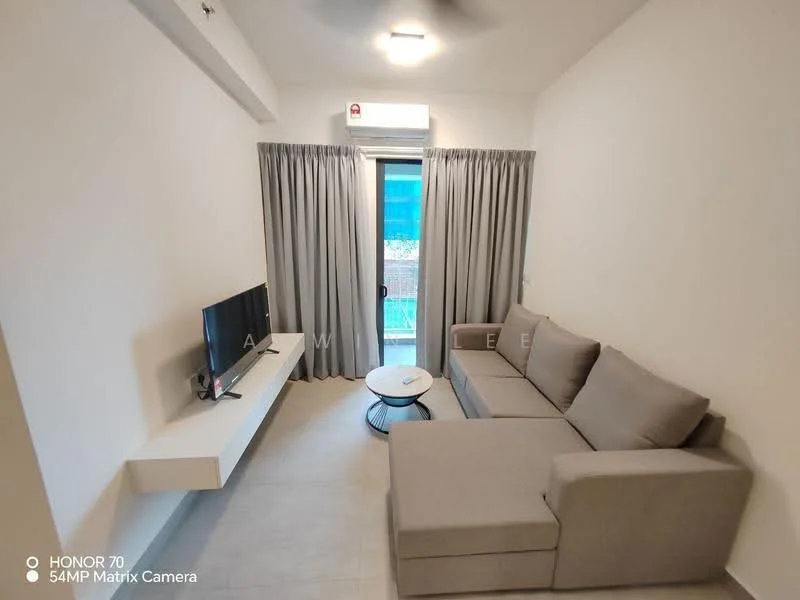 Living features: L-shape sectional sofa in light grey, coffee table, wall-mounted TV, TV console, floor-to-ceiling sliding glass door, curtains in light grey, recessed downlights, air conditioning unit, light-colored tiled flooring, decorative wall shelf; style: modern; view: garden.