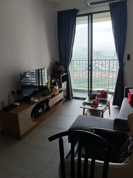 Living features: floor-to-ceiling windows, sliding glass door, grey fabric sofa, wooden coffee table, TV console, wall-mounted TV, decorative plants, curtains, ceramic tile flooring, decorative items on shelves, area rug; style: modern; view: city.