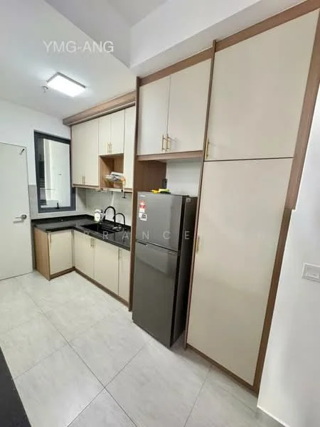 Kitchen features: white cabinetry with wood accents, black countertop, stainless-steel fridge, built-in oven, single-bowl stainless-steel sink, chrome pull-down faucet, ceramic tile flooring, wall-mounted cabinets, open shelving, window above sink; style: modern.