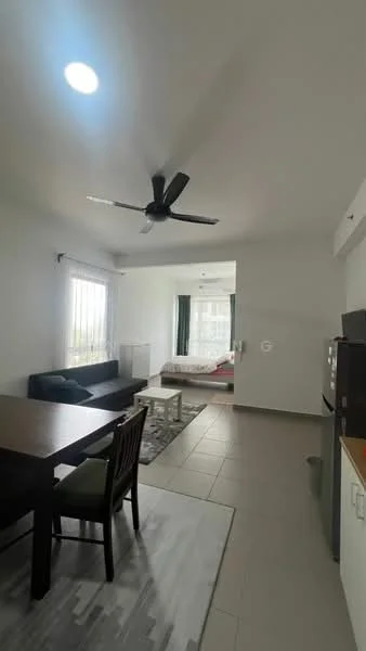 Living features: 3-seater fabric sofa in black, ceiling fan, dining table with 4 chairs, area rug with geometric pattern, floor-to-ceiling windows, light-colored walls, tile flooring, recessed downlights; style: modern. Room features: bed visible in background, curtains, unknown furniture.