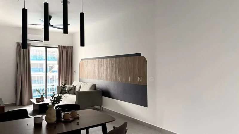 Living features: white painted walls, grey sofa, wood accent wall, floor-to-ceiling windows, sheer curtains, ceiling fan with light, coffee table, area rug, dining table, decorative plants; style: modern; view: city.