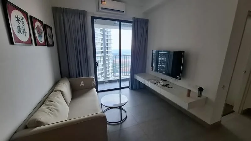 Living features: light grey tiled flooring, white painted walls, floor-to-ceiling sliding glass door, sheer curtains, wall-mounted TV, white floating TV console, round coffee table, beige fabric sofa, air conditioning unit, decorative wall art; style: modern; view: city.