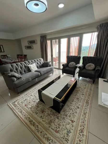 Living features: 3-seater fabric sofa in grey, 2 armchairs with tufted backrest, coffee table with black finish, area rug with floral pattern, floor-to-ceiling windows, curtains in grey, recessed ceiling lights, wall-mounted TV console, decorative wall art; style: modern; view: garden.