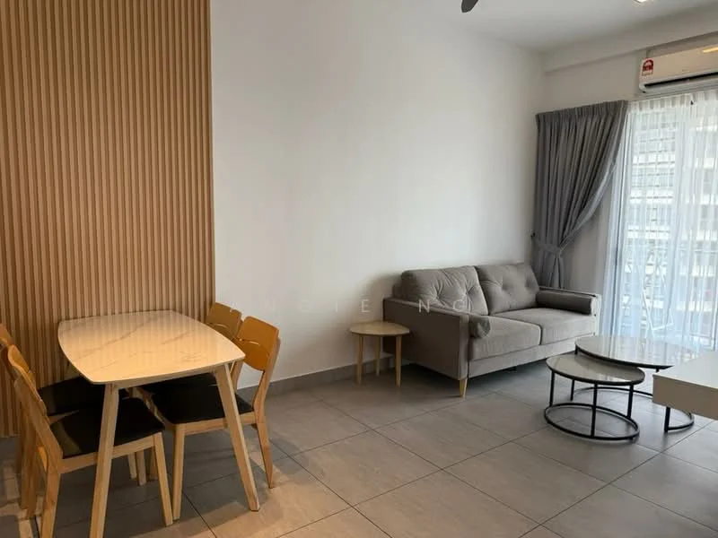 Living features: grey fabric sofa, wooden dining table, 4 wooden dining chairs, round coffee table with metal base, floor-to-ceiling windows, sheer curtains, light grey tiled flooring, wood panel accent wall, ceiling fan; style: modern.