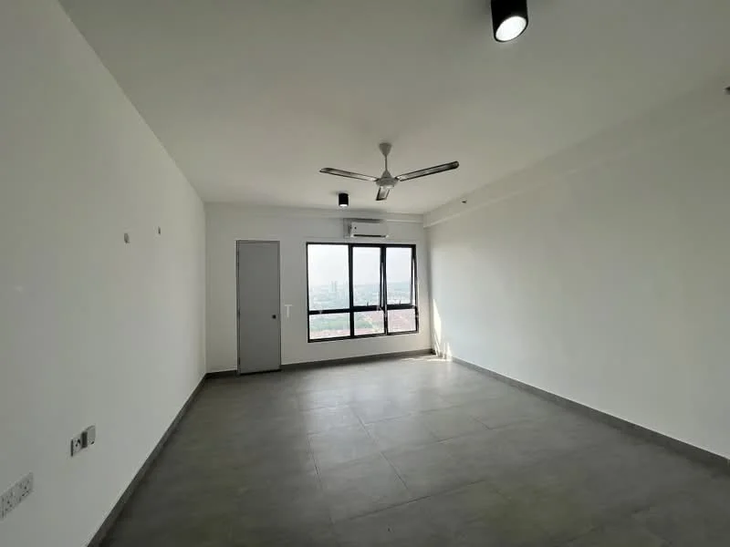 Room features: white painted walls, grey tile flooring, 5-blade ceiling fan, 1 wall-mounted split AC, floor-to-ceiling windows, natural light from windows, light fixture on ceiling; style: modern; view: city.