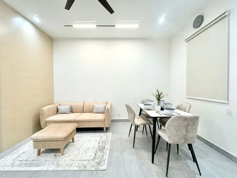 Living features: beige fabric sofa, light wood coffee table, area rug with geometric pattern, 4-seater dining table, upholstered dining chairs, recessed LED downlights, ceiling fan, white painted walls, grey tile flooring, window with roller blinds; style: modern.