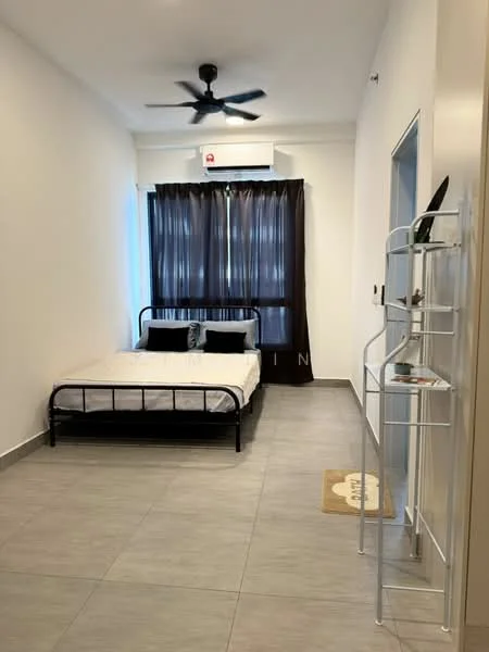 Bedroom features: queen-size bed, black metal bed frame, 2 black cushions, grey bedding, 5-blade ceiling fan, wall-mounted air conditioning unit, floor-to-ceiling window, blackout curtains, light grey tiled flooring, white painted walls, decorative wall shelf, doorway to hallway; style: modern.