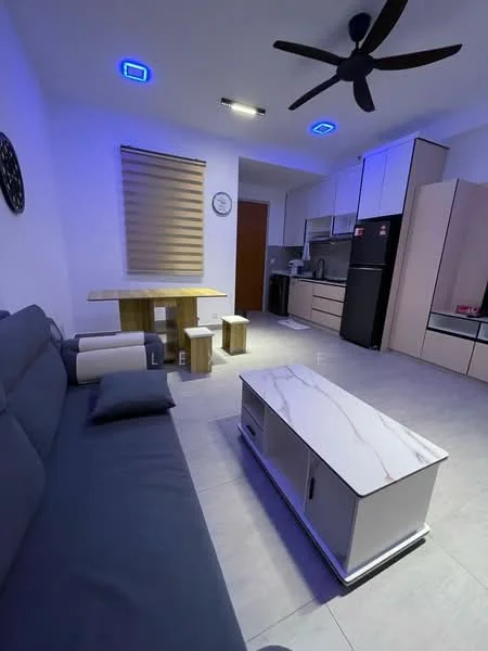 Living features: grey fabric sofa, wooden coffee table with marble top, wooden dining table, two wooden stools, black ceiling fan, recessed LED downlights, blinds on window, kitchen area visible in background, light-colored tile flooring, wall clock, kitchen cabinets, black refrigerator; style: modern.