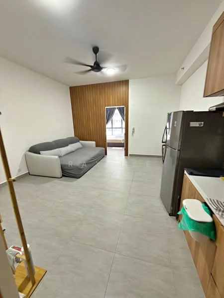 Living features: grey fabric sofa, ceiling fan, light grey tile flooring, white painted walls, wood accent wall, sliding glass door, curtains, refrigerator, kitchen cabinetry, countertop; style: modern.