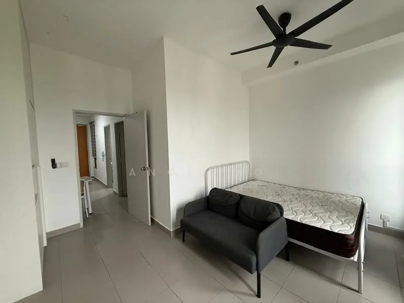 Bedroom features: white painted walls, grey tiled flooring, 5-blade ceiling fan, single bed frame, mattress on bed frame, sofa in grey fabric, door leading to hallway, window with natural light; style: modern.