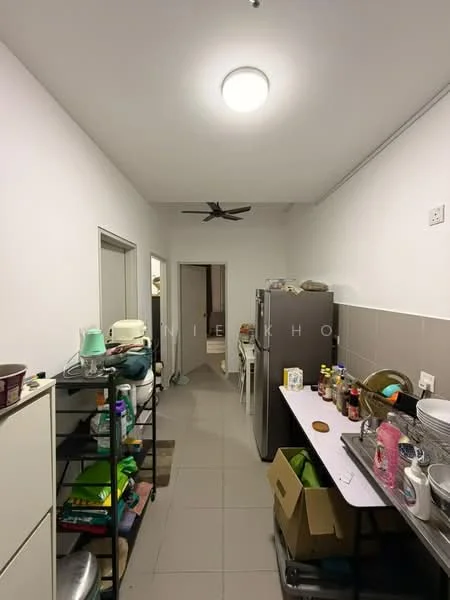 Kitchen features: white painted walls, grey tiled flooring, ceiling light, 5-blade ceiling fan, stainless-steel fridge, countertop with storage underneath, open shelving, various kitchen appliances, multiple containers and utensils, dining table with chairs; style: modern.
