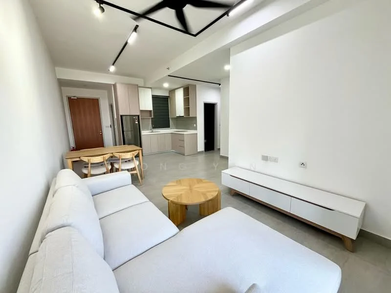Living features: 3-seater fabric sofa in light grey, wooden coffee table with round top, wooden side table, TV console in white, floor-to-ceiling windows, recessed downlights, ceiling fan, grey tiled flooring, white painted walls; style: modern. Kitchen features: stainless-steel fridge, built-in kitchen cabinets, grey countertop, ceramic tile backsplash, oven, sink, stainless-steel range hood; style: modern.