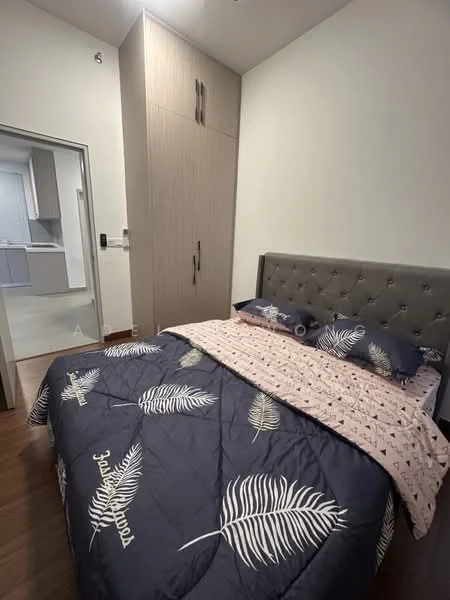 Bedroom features: queen-size bed with upholstered headboard, bedding with leaf pattern, wooden flooring, built-in wardrobe with sliding doors, decorative pillows, wall-mounted light switch, neutral painted walls, window with natural light; style: modern.