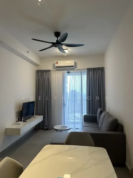 Living features: 3-seater fabric sofa in grey, wall-mounted TV, TV console, coffee table, 5-blade ceiling fan with light, floor-to-ceiling windows, sheer curtains, air conditioning unit, light grey walls, concrete flooring; style: modern; view: city.
