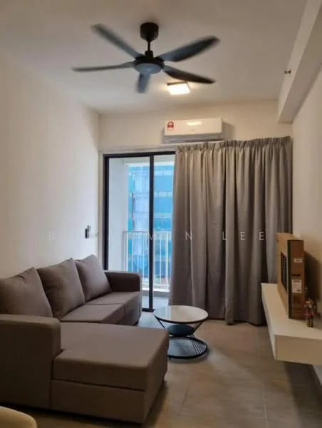 Living features: 3-seater fabric sofa in grey, round coffee table, floor-to-ceiling windows, sliding glass door, curtains, wall-mounted TV console, 1 wall-mounted split AC, light fixture, tile flooring, ceiling fan; style: modern; view: city.