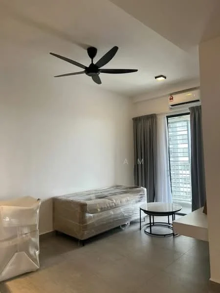 Living features: 5-blade ceiling fan in black, sofa wrapped in plastic, round coffee table, floor-to-ceiling windows, grey curtains, light-colored walls, tile flooring, air conditioning unit; style: modern; view: city.