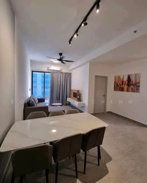 Living features: grey fabric sofa, coffee table, dining table with 4 chairs, floor-to-ceiling windows, curtains, recessed downlights, 5-blade ceiling fan, light-colored walls, tile flooring, wall-mounted TV unit, decorative artwork; style: modern; view: city.