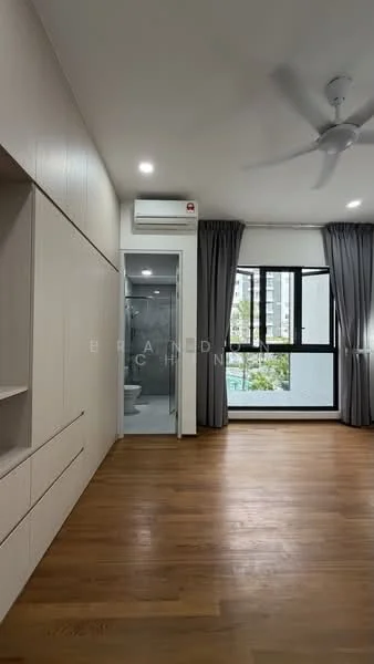 Room features: wooden flooring, white painted walls, 5-blade ceiling fan, floor-to-ceiling windows, grey curtains, built-in cabinetry, wall-mounted split AC, door leading to bathroom; style: modern; view: city.
