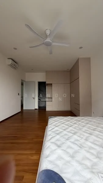 Bedroom features: wooden flooring, 5-blade ceiling fan with light, built-in wardrobe with sliding doors, wall-mounted air conditioning unit, neutral painted walls, large window, queen-size bed, decorative wall paneling; style: modern.